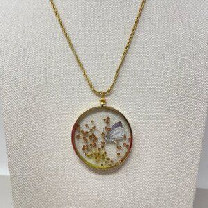 Real Pressed Flower & Moth Necklace Butterfly‎ Vintage Clear Glass Pendant